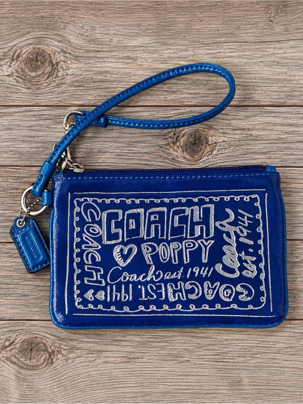 Coach Poppy Graffiti Blue Patent Leather Wristlet Silver Hardware Leopard Y2K